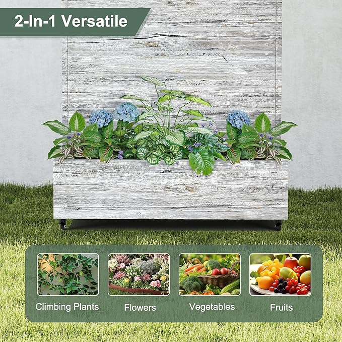 Metal Planter Boxs with Trellis & Wheels for Outdoor Plants, Vines, Large Raised Garden Beds with Drainage Holes for Patio (47" L, Gray Oak Grain)