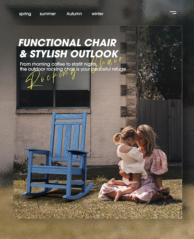 KINGYES Outdoor Rocking Chair Set of 4, All-Weather Patio Rocking Chairs for Porch, HDPE Rocking Outdoor Chairs with High Back for Adult, Heavy Duty Outdoor Patio Rockers for Garden, Lawn, Blue