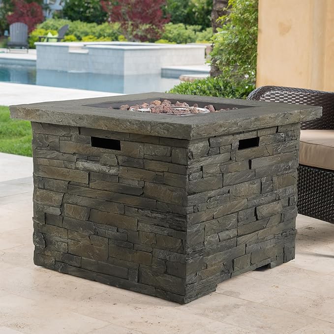 Outdoor Propane Fire Pit Table, 33 Inch Square MGO Concrete Fire Pit with Lava Rocks, Smokless Fire Table for Outside Patio, Garden, Backyard, 40,000 BTU, Tank Inside, Stone Gray
