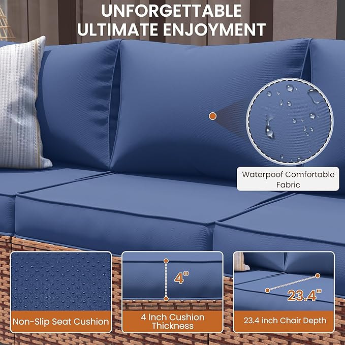 UDPATIO Patio Furniture Set with 44" Fire Pit Table, 5 Pieces Outdoor Furniture Sets, Wicker Rattan Patio Conversation Sets with Outdoor Sofa Waterproof Covers for Porch Deck Backyard, Blue