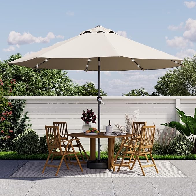 Kingdura 10FT Outdoor Patio Umbrella with Solar Lights, Market Table Umbrella with Push Button Tilt & Crank, 8 Sturdy Ribs, 32 LED Lights, UV Protection for Garden Lawn Deck Backyard Pool (Beige)