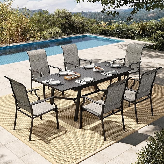 HERA'S HOUSE Patio Dining Set for 6, 7 Piece Table Chairs Set with 6 All Weather High Back Dining Chairs and Extendable Large Surface Metal Table, Outdoor Furniture Dining Set for Lawn, Garden, Porch