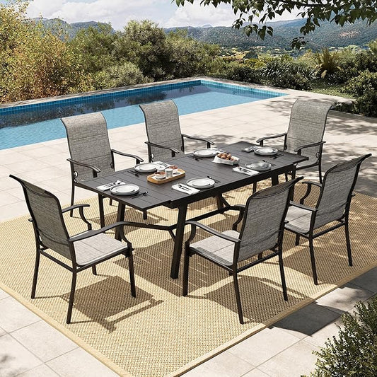 HERA'S HOUSE Patio Dining Set for 6, 7 Piece Table Chairs Set with 6 All Weather High Back Dining Chairs and Extendable Large Surface Metal Table, Outdoor Furniture Dining Set for Lawn, Garden, Porch
