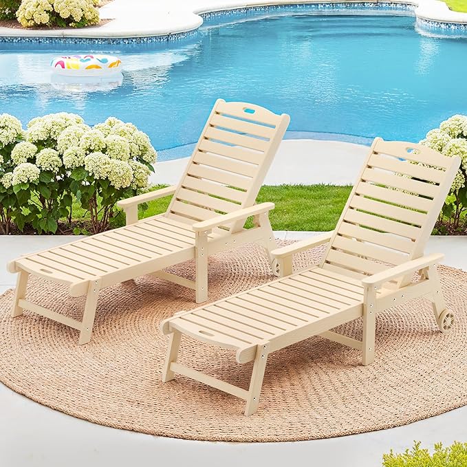 LUE BONA Outdoor Chaise Lounge Chairs Set of 2, HDPS Chaise Lounger, 5 Positions Adjustable Lounge Chairs, Pool Lounge Chair with Wheels for Poolside, Backyard, 3 Year Warranty, Sand