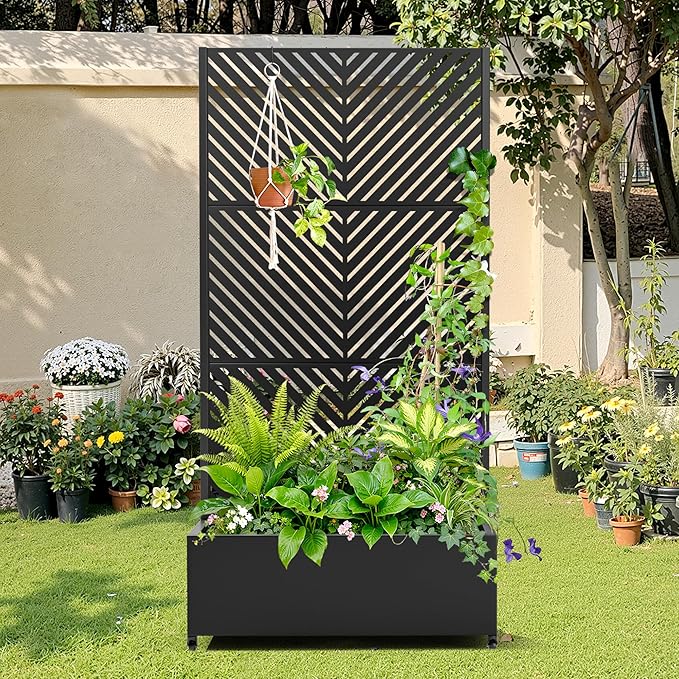Metal Raised Garden Bed with Trellis, 2-in-1 Planter Box & Privacy Screen for Climbing Plants, Outdoor Standing Flower Bed with Drainage Holes, 35.4" L x 15.7" W x 70.1" H, Black-Parallel
