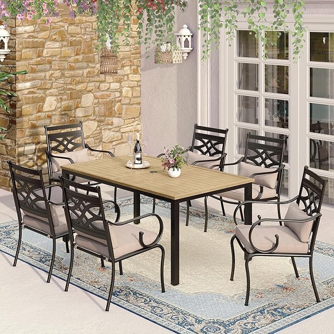 MFSTUDIO Outdoor Dining Set for 6, Patio Table and Chairs Set for Deck Backyard Garden, 7 Piece Patio Furniture Dining Set with with Umbrella Hole