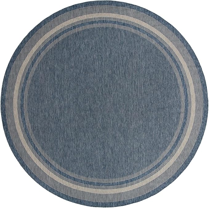 Unique Loom Outdoor Border Collection Area Rug - Soft Border (13' Round, Blue/ Ivory)