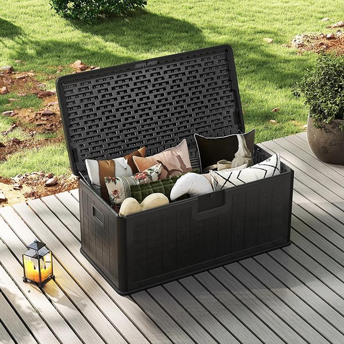 HAPPYGRILL Outdoor Storage Deck Box with Lockable Design & Gas Strut, Handle, 100 Gallon HDPE Patio Storage Organizer for Lawn Backyard Poolside (Black)