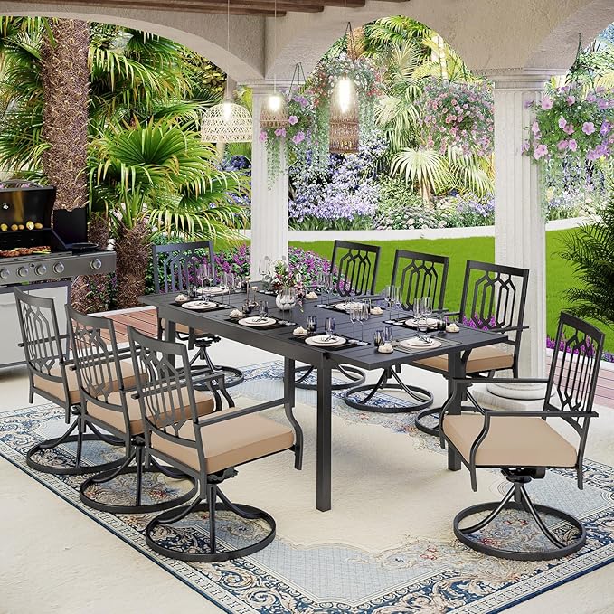 MFSTUDIO Patio Table and Chairs Set, Patio Dining Set for 8 Persons, 9 Piece Outdoor Dining Set with Swivel Chairs, Metal Outdoor Patio Furniture Set for Deck Backyard Poolside Garden