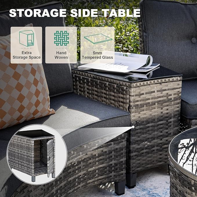 MEISSALIVVE 8 Piece Outdoor Patio Furniture Set, Half-Moon Curved Sectional Set with Wood Armrests, Patio Conversation Set, 2 Half-Moon Ottomans, Round Table & Side Table (Grey)