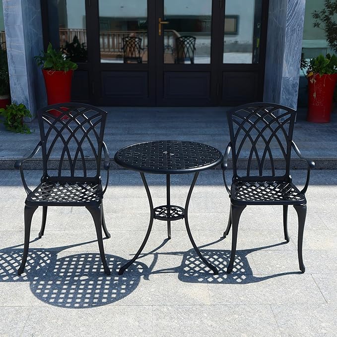 Bistro Patio Set 3 Piece,Cast Aluminum Bistro Table and Chairs Set of 2 with Umbrella Hole,All Weather Bistro Table Set for Yard Garden,Outdoor/Indoor Use,Black