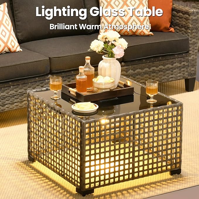ovios 8 Pieces Patio Furniture Set, Outdoor Wicker Sofa Couch with Rocking Swivel Chairs Solar Lights Table, Modern Deep Seat Rattan Conversation Sets for Porch Deck, Black
