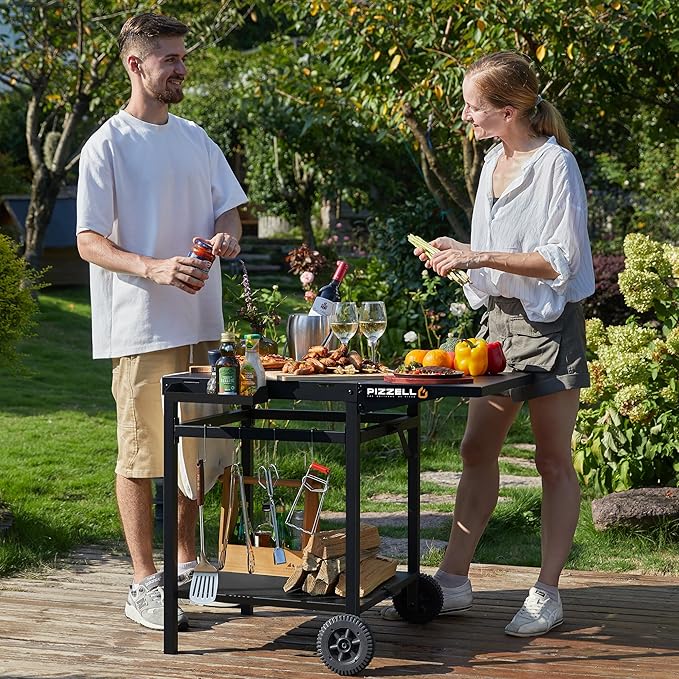 PIZZELLO Outdoor Grill Table Cart 35" x 22" Movable Pizza Oven Stand Foldable Double-Shelf Grill Cart Food Prep Trolley Dining Cart Fit for Ooni Ninja Woodfire Blackstone Pizza Oven