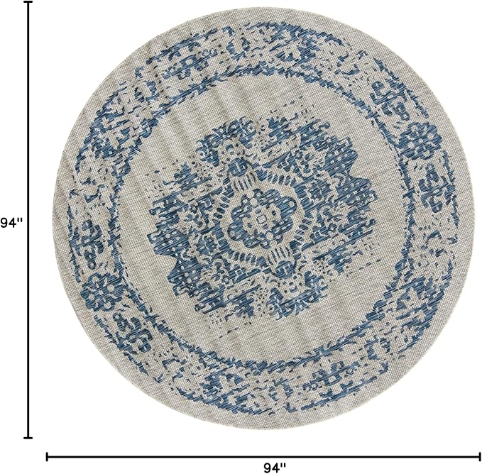 Unique Loom Outdoor Traditional Collection Area Rug - Timeworn (7' 10" Round, Blue/ Gray)