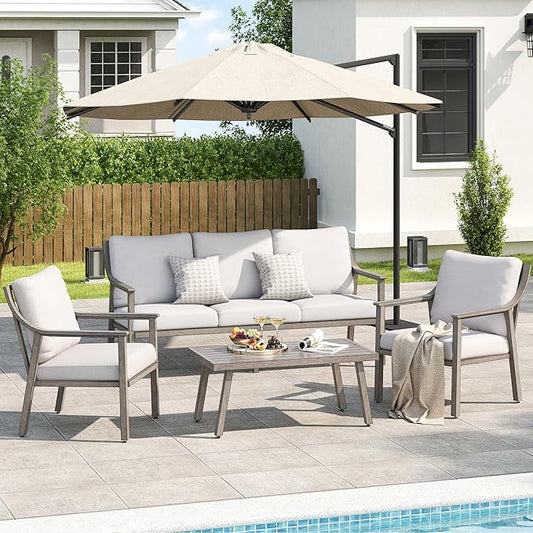 Patio Conversation Sets 4 Pieces - Aluminum 3 Seater Sofa Outdoor Furniture Sets with Thick Cushion, Coffee Table and Chairs Set of 2, Rustproof and Waterproof for Porch Deck Yard, Grey