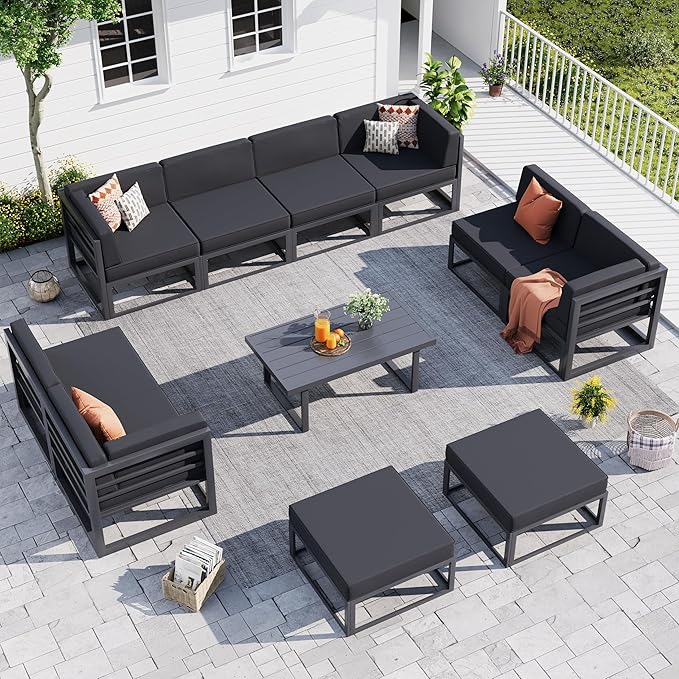 UDPATIO Aluminum Patio Furniture Set, Modular Oversized Outdoor Sectional of Olefin 5 inch Thick Cushion, Coffee Table and Waterproof Cover, Patio Conversation Sets for Porch, Deck