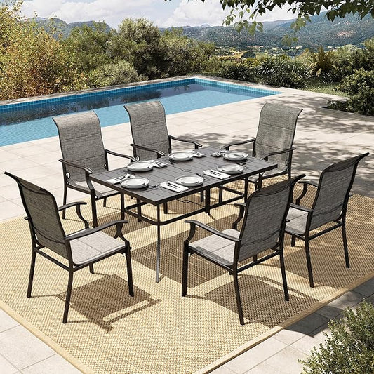 HERA'S HOUSE 7 Pieces Patio Dining Set, Outdoor Dining Set for 6, 6 x Textilene Padded Dining Chair, 1 x Rectangular Large Surface Metal Dining Table, for Lawn Garden Backyard