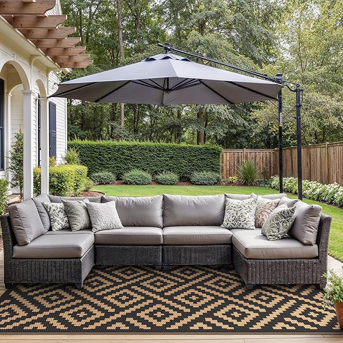GENIMO 6'x9' Outdoor Rug Waterproof for Patio Decor, Reversible Plastic Straw Rug Carpet, Camping Mats for Outdoor, RV, Backyard, Deck, Balcony, Picnic, Light Black & Brown