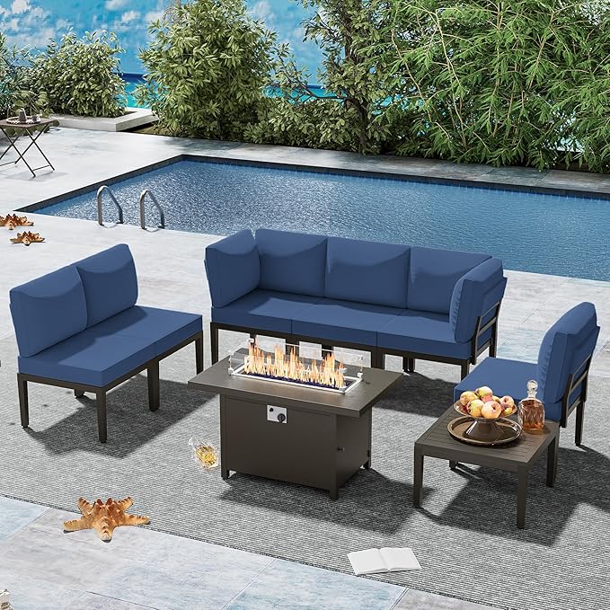 Patio Furniture Set,8 Pieces Modern Outdoor Conversation Set w/43in Gas Fire Pit Table, Outdoor Metal Sectional Sofa with 55000 BTU Propane Fire Pit.