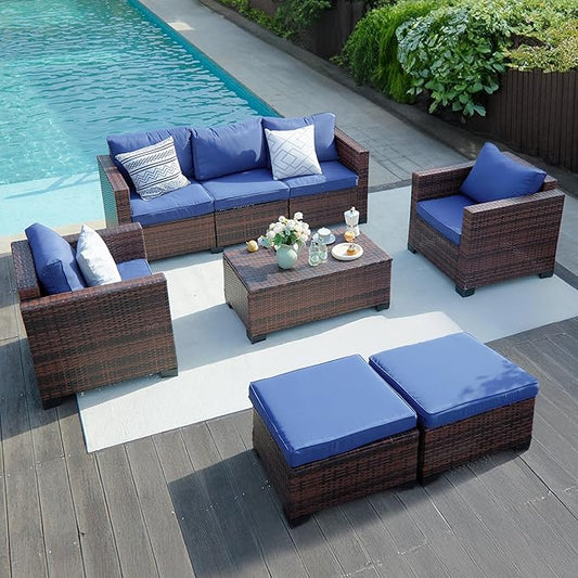 UDPATIO Patio Furniture Set, Wide Armrest Outdoor Furniture Set with 4" Non-Slip Cushions, Wicker Conversation Sofa with Ottomans and Waterprool Covers, for Backyard Porch, Navy