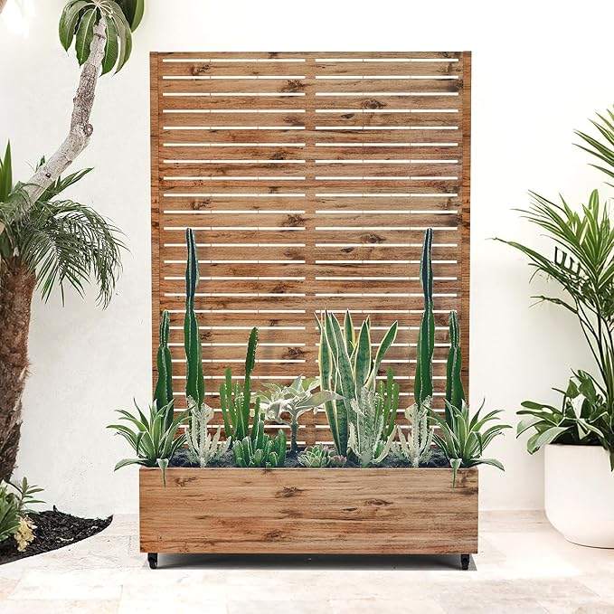Metal Raised Garden Beds with Trellis and Wheels for Climbing Plants, Flowers, Large Planter Box with Privacy Screen & Drainage Holes for Patio (47" L, Brown Log Grain)