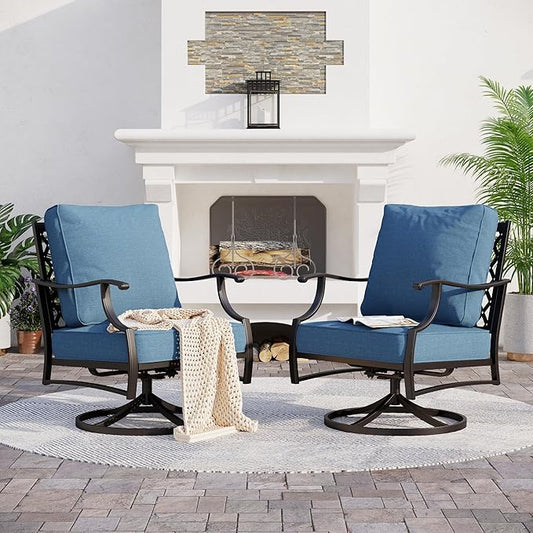 Metal Outdoor Swivel Patio Chairs Set of 2 with 5.75" Extra Thick Cushion, 2 Piece High Back Swivel Patio Chairs Outdoor Furniture Seating for Deck Balcony Front Porch, Denim Blue