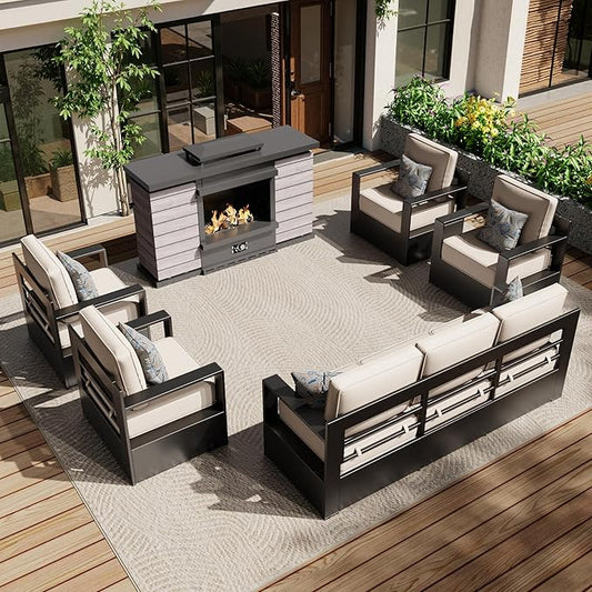 Aluminum Outdoor Conversation Furniture Set with Furniture Covers & 6" Cushions- Patio 79" Sofa with 4 Chairs & 63" Steel Propane Fireplace, 50,000 BTU Fire Pit with CSA Certified (Beige)