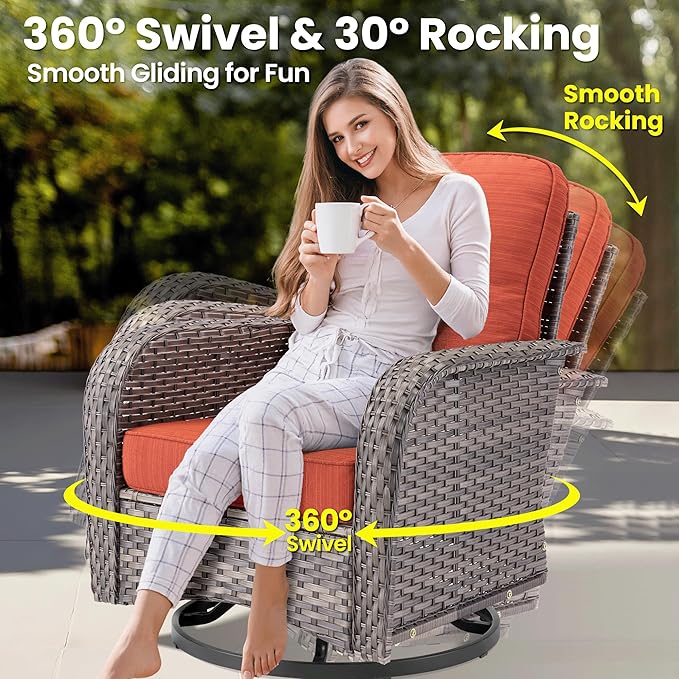 ovios 8 Pieces Patio Furniture Set, Outdoor Wicker Sofa Couch with Rocking Swivel Chairs Solar Lights Table, Modern Deep Seat Rattan Conversation Sets for Porch Deck, Orange Red