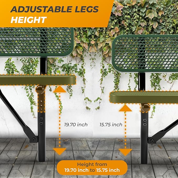 Heavy-Duty Outdoor Metal Bench, Thermoplastic-Coated, Inground, Weatherproof, Commercial-Grade for Parks, Gardens, Patios, Stores & More (8 Ft - Inground with Back, Green)