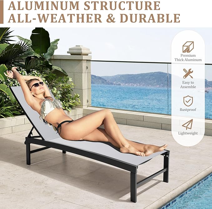 Patio Aluminum Chaise Lounge Chair, Set of 2 Outdoor Recliner Lounge Chair Sun Loungers, All Weather Chaise with 5 Adjustable Backrest and Lay Flat Positions for Garden, Balcony, Pool