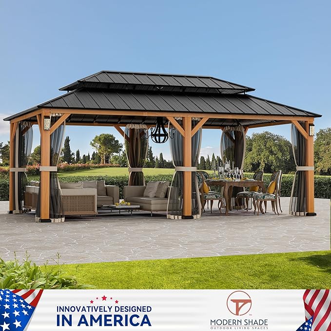Modern Shade The Horizon Hardtop Gazebo 12' x 20' with 4 LED Lights, Permanent Outdoor Gazebo with Galvanized Steel Double Roof, Grill Pavilion with Decor Hooks, Mosquito Nettings, Wood Grain