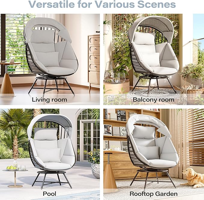 LAUSAINT HOME Oversized 360° Swivel Egg Chair with Cushion & Sunshade Brim, Indoor & Outdoor Egg Chair for Patio, Lounge, Balcony, Grey Cushion & Black Frame
