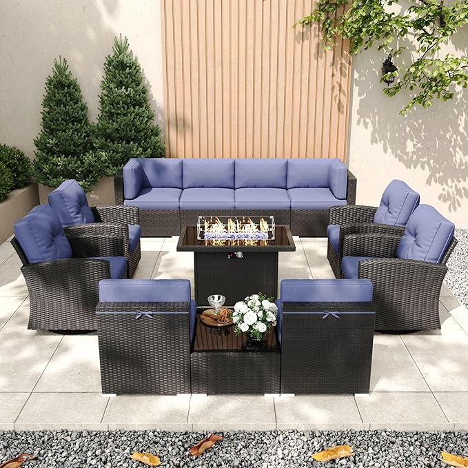 Patio Furniture Set with Fire Pit Table, 12 Pieces Outdoor All-Weather Wicker Conversation Sectional Chair Sofa Set with 4 Swivel Chairs