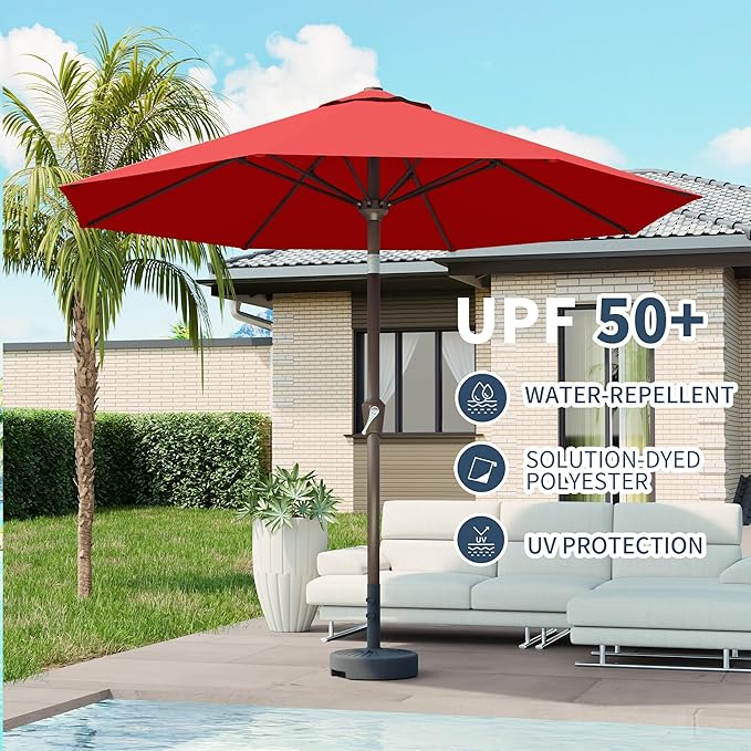 PatioKingdom 10FT Patio Umbrella with Push Button Tilt and Crank, Outdoor Market Umbrella with 8 Fiberglass Ribs, UV Protection Table Umbrella for Pool,Backyard,Garden,Deck(Red, 10FT)