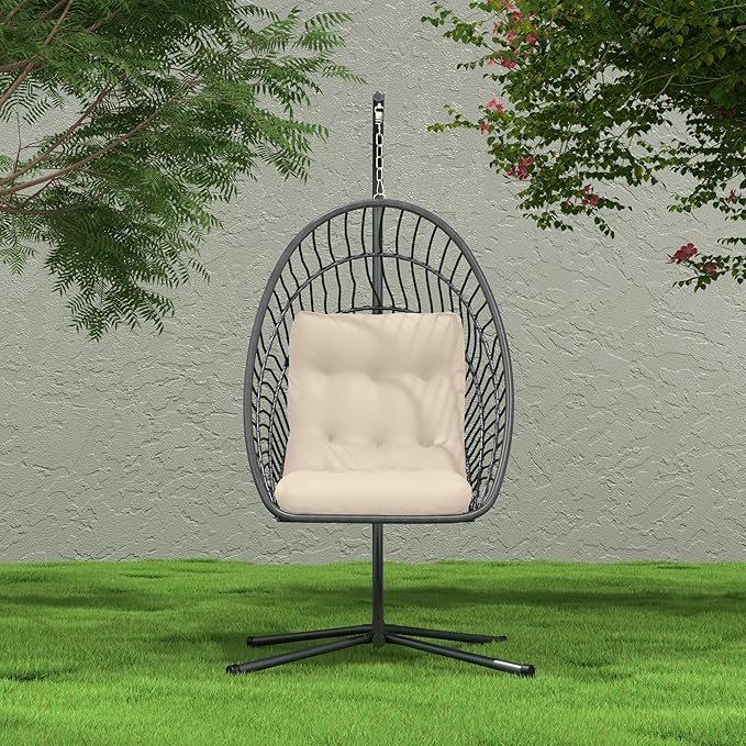 Kingdura Hanging Egg Chair with Stand Indoor Outdoor, Foldable Rattan Wicker Hammock Egg Swing Chair for Bedroom Porch Patio Garden, Thickened Cushion, 350LBS Capacity, Heavy Duty Frame