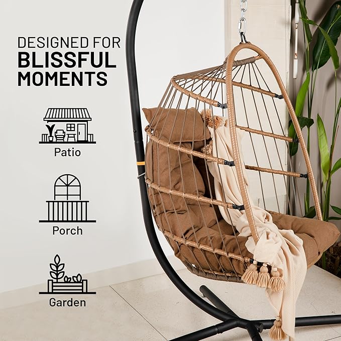 SereneLife Foldable Egg Chair with Stand – Hanging Rattan Wicker Swing for Indoor Outdoor Use – 350 lbs Capacity, Breathable Cushion & Headrest – Patio, Balcony, Porch, Bedroom Lounge Furniture