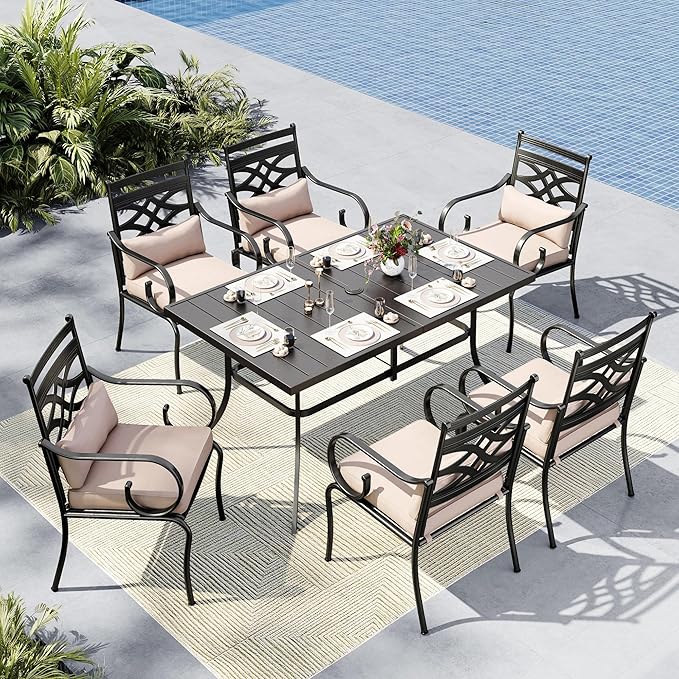 MFSTUDIO Outdoor Dining Set for 6, Patio Table and Chairs Set with Umbrella Hole, 7 Piece Patio Furniture Dining Set for Deck Backyard Garden