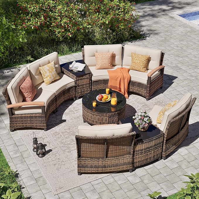 MEISSALIVVE 9 Piece Outdoor Patio Furniture Set, Half-Moon Curved Sectional Sofa Rattan Conversation Set with Wood Armrests, Coffee Table & Side Table（Brown）