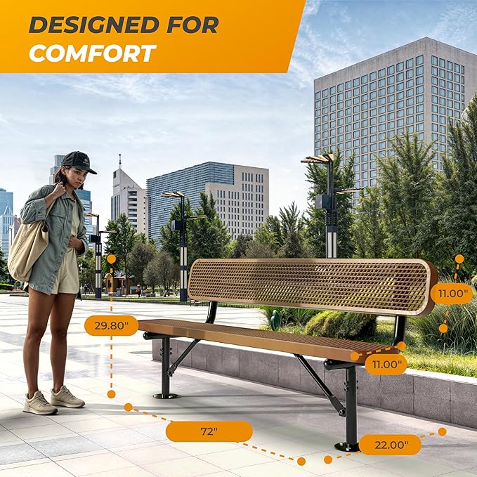 Heavy-Duty Outdoor Metal Bench, Thermoplastic-Coated, Surface, Weatherproof, Commercial-Grade for Parks, Gardens, Patios, Stores & More (6 Ft - Surface with Back, Brown)