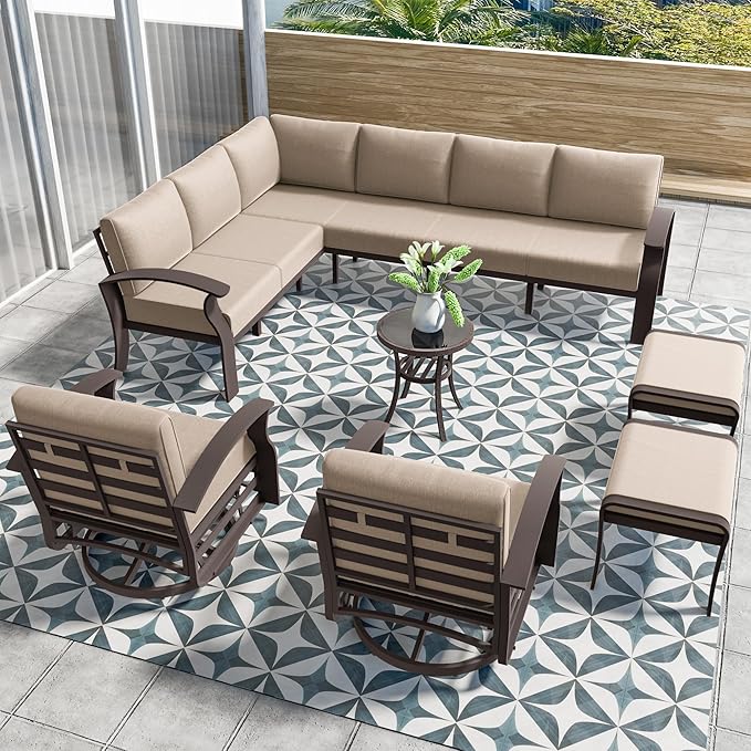 10-seat Aluminum Patio Furniture Set, L-Shaped Sectional Sofa with 5.1" Cushions, High Backrest & 2 Footstools, Durable Outdoor Patio Furniture Set, Backyard, Poolside - Sand
