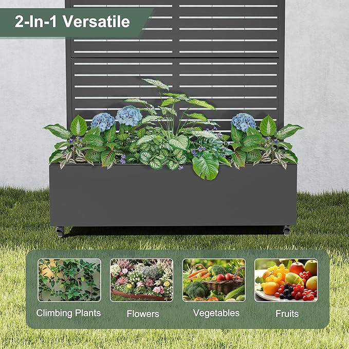 Metal Planter Box with Trellis for Climbing Plants Vegetables, Raised Garden Beds with Privacy Screen & Wheels, Standing Flower Box with Drainage Holes (47" L, Black Arch)