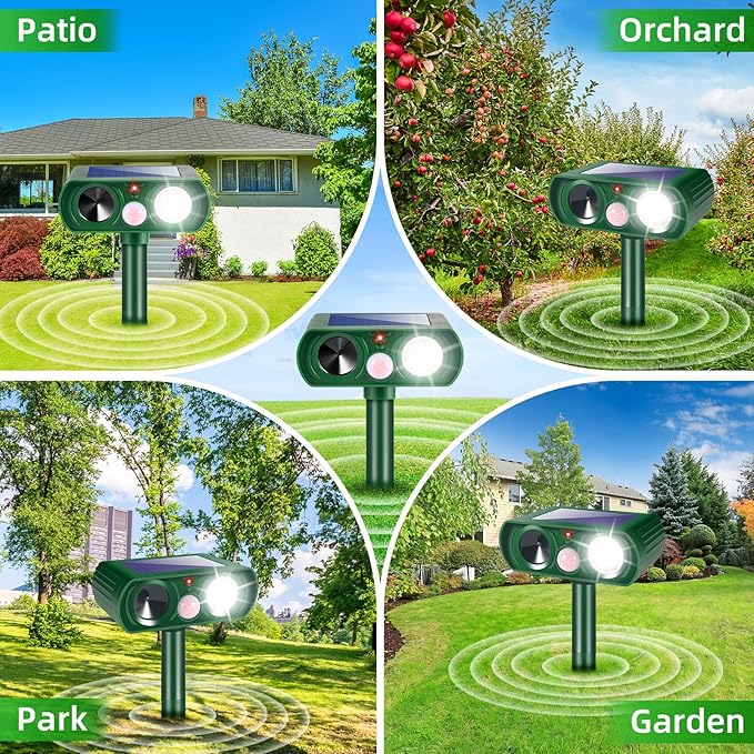 4 Pack Solar Animal Repellent Ultrasonic Outdoor Cat Repellent, Squirrel Raccoon Fortress Pro with Motion Sensor & Strobe Light, Waterproof Deer Dog Rabbit Deterrent for Garden Yard