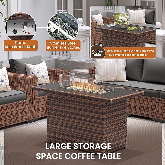 UDPATIO Patio Furniture Set with 44" Fire Pit Table, 6 Pieces Outdoor Conversation Sectional Furniture Sets Wicker Rattan Outdoor Sofa Ottoman with Waterproof Covers for Porch Deck Backyard Grey