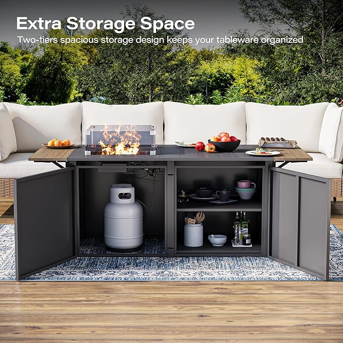 LAUSAINT HOME 64" Gas Fire Pit Table for Outside Patio, 55,000 BTU Propane Firepit with Expandable Tabletop & Wind Guard