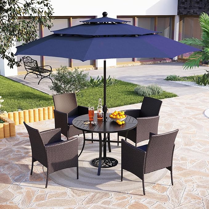 PHI VILLA 5 Piece Outdoor Dining Set with Umbrella for 4, Round Metal Steel Dining Table & Wicker Chairs with Cushions & Blue Umbrella, Modern Furniture for Patio, Deck, Yard, Porch