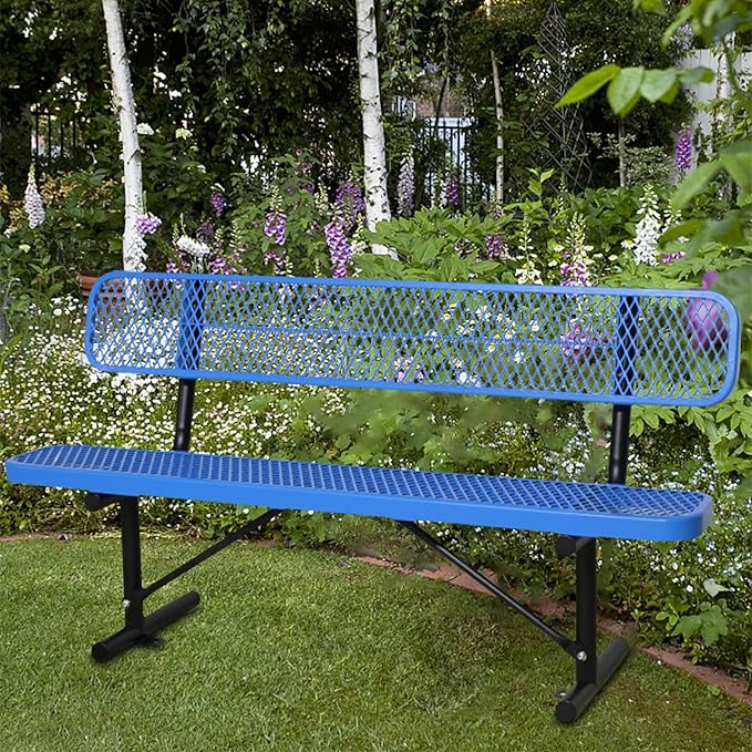 6 Ft Metal Park Bench for Outside, All-Weather Thermoplastic Coating Outdoor Bench with Backrest, Commercial Heavy Duty Benches for Shopping Malls, Stores, Parks, Patios, Decks, Blue
