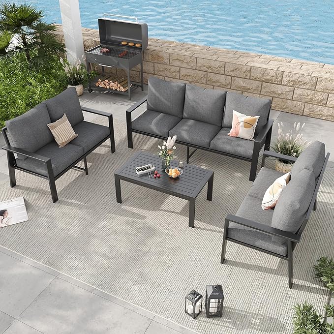 Aluminum Patio Furniture Set with Cushions 4-Piece Outdoor Sectional Metal Conversation Sofa Set with Coffee Table for Garden,Lawn,Backyard,Deck