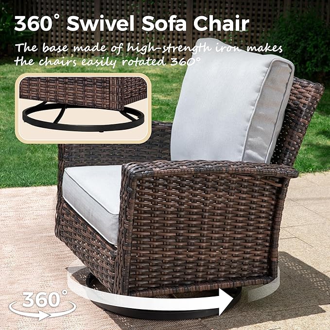 4-Piece Wicker Patio Furniture Set with Swivel Chairs, High Back Outdoor Sofa with 5.5-inch Thick Cushion, All-Weather Wicker Patio Conversation Set for Deck Yard Pool, Grey