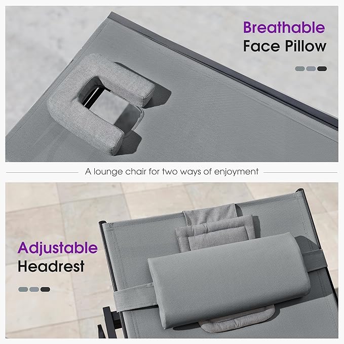 PURPLE LEAF Outdoor Tanning Lounge Chair Set with Face Hole Adjustable Reclining Chairs for Poolside Beach Wheels Pillows and Table Patio Aluminum Sunbathing Lounger Grey