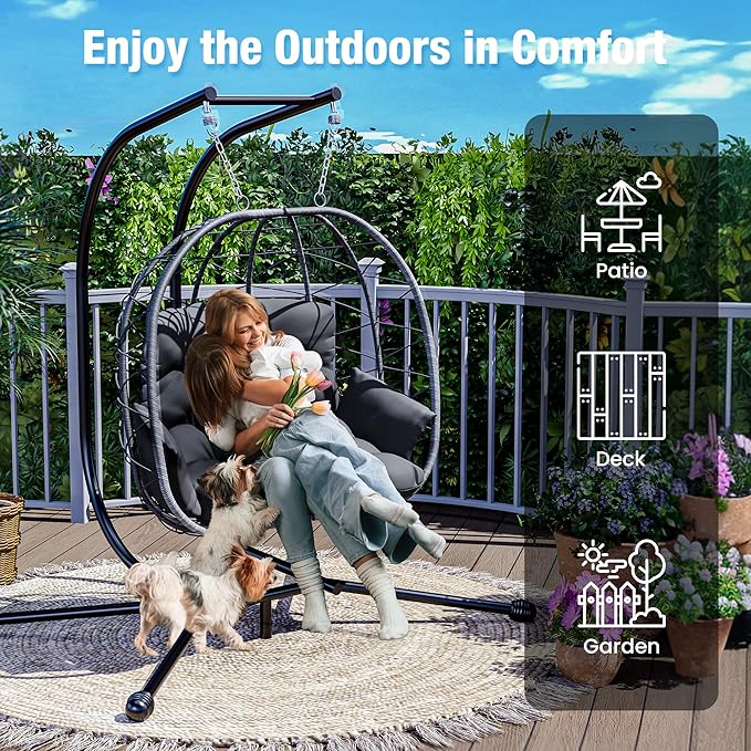 Pamapic 700 LBS Double Egg Chair Outdoor, UV Resistant Cushions Hanging Egg Chair with Armrests & Headrest, Thick Steel Frame Egg Swing Chair with Stand, for Relaxing & Reading Outside/Inside(Grey)